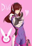  &gt;:) ;) absurdres bangs bodysuit breasts brown_hair character_name commentary_request covered_navel cowboy_shot d.va_(overwatch) energy_gun facepaint facial_mark finger_gun foreshortening gloves gun headphones highres holding holding_gun holding_weapon long_hair looking_at_viewer medium_breasts meka_(overwatch) murasaki_tachi one_eye_closed overwatch pilot_suit pink_background pointing pointing_at_viewer red_eyes smile solo swept_bangs v-shaped_eyebrows weapon whisker_markings white_gloves 