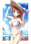  arms_up bare_shoulders bikini blue_sky blush breasts brown_eyes brown_hair cloud collarbone day flower hands_on_headwear hat highres kantai_collection large_breasts long_hair looking_at_viewer navel ooi_(kantai_collection) open_mouth petals side-tie_bikini sky smile solo soramuko sun_hat swimsuit water white_bikini 