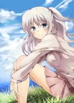  blue_eyes ca2la charlotte_(anime) cloud day grass highres leg_hug long_hair silver_hair skirt smile solo tomori_nao two_side_up 