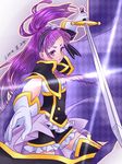  99tyokolove99 bangs blunt_bangs center_frills dated gloves hair_ribbon half_updo holding holding_sword holding_weapon izayoi_liko knight long_hair looking_at_viewer mahou_girls_precure! ponytail precure purple_eyes purple_hair ribbon solo striped striped_ribbon sword weapon 
