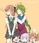  &gt;_&lt; :d ahoge akigumo_(kantai_collection) alternate_hairstyle bangs bike_shorts black_hair blue_neckwear blue_ribbon blush braid brown_hair buttons chibi closed_eyes cosplay dress embarrassed eyebrows_visible_through_hair full-face_blush gloves gradient_hair green_hair green_neckwear green_ribbon grey_legwear hair_down hair_ornament hair_ribbon hairclip hands_on_another's_shoulders heart jitome kagerou_(kantai_collection) kagerou_(kantai_collection)_(cosplay) kantai_collection kuroshio_(kantai_collection) long_hair long_sleeves looking_away multicolored_hair multiple_girls neck_ribbon no_eyes no_mouth open_mouth orange_background pantyhose pink_hair pleated_skirt pocket ponytail red_neckwear red_ribbon ribbon school_uniform shiranui_(kantai_collection) shirt short_hair short_sleeves shorts shorts_under_skirt simple_background single_braid skirt sleeveless sleeveless_dress smile sweatdrop twintails twitter_username very_long_hair vest wavy_mouth white_gloves white_shirt yellow_ribbon yuugumo_(kantai_collection) yuutama2804 