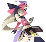  absurdres armpits black_sleeves blonde_hair book detached_sleeves green_eyes grin hair_between_eyes hat highres long_hair magilou_(tales) mismatched_sleeves official_art pink_sleeves simple_background smile solo tales_of_(series) tales_of_berseria very_long_hair white_background witch_hat 