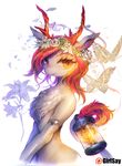  amber_eyes anthro chest_tuft equine eyelashes fan_character female feral flower fur girlsay grey_fur hi_res horn horse lantern looking_at_viewer mammal my_little_pony plant pony simple_background smile solo tuft white_background 