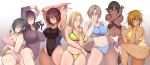  6+girls absurdres arm_between_breasts armpits arms_up bikini black_eyes blonde_hair blush bracelet breasts cleavage closed_mouth collarbone earrings glasses gradient gradient_background green_hair grey_hair hand_on_own_face highres jewelry korotsuke large_breasts looking_at_viewer medium_hair multiple_girls nail_polish navel necklace orange_hair original pink_eyes plump purple_eyes purple_hair red_eyes red_hair shiny shiny_skin short_hair sweat swimsuit tan tanline thick_thighs thighhighs thighs underboob yellow_bikini yellow_nails 