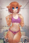  2016 anthro bathroom blue_eyes bra breasts cat clothed clothing detailed_background english_text feline female freckles front_view fur hair iskra looking_at_viewer mammal navel panties red_hair reflection short_hair skimpy small_breasts soap solo striped_fur stripes tabby_cat text toothbrush underwear url vera_(iskra) 
