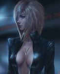  blonde_hair blue_eyes breasts center_opening cleavage highres jacket jewelry medium_breasts necklace no_bra original raikoart short_hair solo tess_turner upper_body 