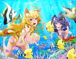  air_bubble animal_ears barefoot blonde_hair breath bubble coral fish fox fox_ears fox_tail freediving holding_breath line_(tatatadadda) long_hair multiple_girls ocean open_mouth original personification purple_hair red_eyes sea_turtle summer swimming swimsuit tail turtle underwater 