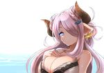 :o alternate_hairstyle bare_shoulders bikini blue_eyes braid breasts bug butterfly butterfly_earrings collarbone double_bun draph earrings granblue_fantasy hair_ornament hand_on_own_chest horns insect jewelry large_breasts long_hair looking_at_viewer luse_maonang narmaya_(granblue_fantasy) parted_lips pointy_ears purple_hair solo swimsuit upper_body water white_bikini 