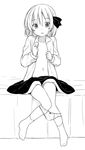  :o bad_id bad_twitter_id bed fang flat_chest greyscale hair_ribbon kazawa_(tonzura-d) monochrome navel on_bed open_clothes open_shirt panties panties_around_ankles panty_pull ribbon rumia shirt short_hair sitting sitting_on_bed skirt solo touhou underwear 