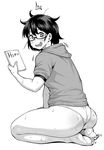  1girl ass barefoot drooling female_pervert from_side full_body glasses greyscale highres looking_at_viewer looking_back monochrome pervert seiza short_hair simple_background sitting solo surprised synecdoche thighs white_background 