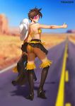  ;) absurdres ass back bikini_top black_skirt blurry boots character_name closed_mouth cowboy_hat depth_of_field desert from_behind hat hat_around_neck highres hitchhiking looking_at_viewer looking_back one_eye_closed overwatch panties pantyshot pantyshot_(standing) pleated_skirt renyu1012 road skirt skirt_lift smile solo standing sunglasses thigh_boots thighhighs tracer_(overwatch) underwear vest_removed wind wind_lift 