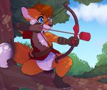  anthro blue_eyes bow_(weapon) brown_hair canine clothing cloud cub diaper fox fur hair leaves male mammal orange_fur paws perched ranged_weapon sky solo strawberryneko string tree weapon young 