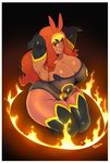  2016 anthro armpits bedroom_eyes big_breasts breasts cleavage clothed clothing emboar female fire hair half-closed_eyes huge_breasts legwear long_hair looking_at_viewer mammal naughty_face nintendo pig pok&eacute;mon porcine seductive slightly_chubby solo thick_thighs tsudanym tusks video_games voluptuous 