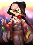  +_- 1girl alternate_costume aori_(splatoon) ball black_hair bow candy_apple commentary_request domino_mask eating eyebrows festival flower food gradient gradient_background hair_bow hair_flower hair_ornament highres japanese_clothes kimono long_hair looking_at_viewer mask mole mole_under_eye one_eye_closed orange_eyes pointy_ears puchiman rose solo splatoon_(series) splatoon_1 symbol-shaped_pupils tentacle_hair tentacles thick_eyebrows 