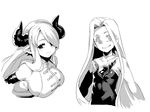  ahoge_removed bare_shoulders breasts choker collarbone dark_persona draph dress elbow_gloves empty_eyes gloves granblue_fantasy greyscale grin hair_intakes hair_over_one_eye horns large_breasts long_hair lyria_(granblue_fantasy) monochrome multiple_girls narmaya_(granblue_fantasy) obui pointy_ears sideboob simple_background sleeveless smile white_background 