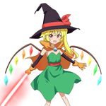  blonde_hair bow cape cato_(monocatienus) cosplay crystal dragon_quest dragon_quest_iii dress elbow_gloves energy_sword eyebrows eyebrows_visible_through_hair fang flandre_scarlet gloves green_dress hat hat_bow jewelry looking_at_viewer mage_(dq3) mage_(dq3)_(cosplay) open_mouth orange_gloves red_bow red_eyes side_ponytail simple_background smile solo standing sword touhou weapon white_background witch_hat 