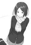  greyscale highres monochrome niwatazumi original scarf short_hair simple_background sketch skirt smile solo white_background 
