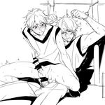  2boys anal blue_eyes censored character_request clothed_sex copyright_request force handcuffs happy_sex male_focus monochrome multiple_boys naughty_face rape red_eyes restrained sex sitting sitting_on_person smile straddling sweat yaoi 