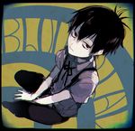  1boy between_legs black_hair blood_lad bowtie child closed_mouth collared_shirt copyright_name looking_at_viewer male_focus norita_(noritttta) red_eyes simple_background solo suspenders vlad_charlie_staz younger 