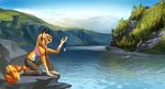  anthro cloud creek crouching day detailed_background feline female forest fur hair hill hybrid leopard_spots long_hair long_tail mammal margay mountain pendant reflection river side_view solo spots theowlette tree water waterfall yellow_fur 