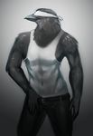  avian beak belt bird blind_fold clothing feathers hand_on_hip male monochrome pose shirt sketch solo speed_paint standing tag_wip tank_top theowlette 