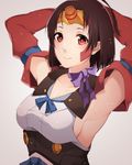  akuan_(7jackpot7) armpits arms_behind_head bad_id bad_pixiv_id bangs beige_background bow breasts brown_eyes brown_hair commentary_request detached_sleeves forehead_protector koutetsujou_no_kabaneri looking_at_viewer medium_breasts mumei_(kabaneri) nontraditional_miko smile solo upper_body 