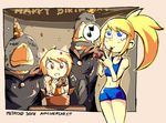  alien anniversary beak birthday blonde_hair blue_eyes brown_eyes chozo eighth_note gift hat instrument metroid metroid_fusion music musical_note party_hat playing_instrument ponytail samus_aran setz short_shorts shorts speech_bubble spoken_musical_note tears younger 