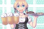  :d alcohol alternate_costume anchor_hair_ornament aqua_eyes beer beer_mug breasts carrying cleavage collarbone commentary_request cup dirndl food german_clothes germany hair_ornament highres holding holding_cup kantai_collection light_brown_hair long_hair looking_at_viewer medium_breasts open_mouth potato prinz_eugen_(kantai_collection) sausage smile solo twintails yukimi_unagi zanshomimai 