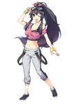  black_hair fang gebyy-terar goggles goggles_on_head green_eyes long_hair midriff navel off_shoulder one_eye_closed ponytail simple_background solo 