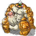  balls biceps blush deed_(kuroma) erection glans hair headband hyper hyper_penis kuroma looking_at_penis male mostly_nude orange_skin penis quads reptile scalie sitting sixpack sketch smile solo teeth triceps white_hair white_skin wide_hips 