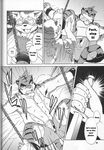  5_fingers anthro armpit_hair armpits bed bound briefs chain chest_tuft cloak clothing comic doujinshi english_text erection eyewear feline foot_fetish fruitz fur goggles hair inner_ear_fluff inside kemono knife licking mammal open_mouth penis text tongue tongue_out tuft undershirt underwear weapon 