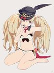  adjusting_hair arm_up bare_shoulders barefoot bikini blonde_hair breasts cleavage detached_collar feathers front-tie_top granblue_fantasy hat hat_feather holding holding_hair long_hair looking_to_the_side medium_breasts monica_weisswind mouth_hold navel open_mouth peaked_cap side-tie_bikini signature sitting sohin solo swimsuit twintails tying_hair wariza white_bikini 