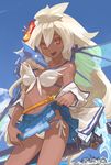  :d ahoge bad_id bad_pixiv_id bangs belt bikini blue_skirt blue_sky breasts cleavage cloud dark_skin day dragon flower front-tie_bikini front-tie_top granblue_fantasy hair_between_eyes hair_flower hair_ornament hibiscus long_hair medium_breasts miniskirt navel open_clothes open_mouth open_shirt outdoors pleated_skirt red_eyes sheath sheathed shirt side-tie_bikini skirt skirt_lift sky smile solo swimsuit sword teke_(exploration) water weapon wet white_bikini white_hair white_shirt zooey_(granblue_fantasy) 