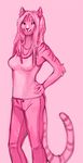  armpits breasts cat clothed clothing feline female hair hands_on_hips jeans jewelry long_hair mammal monochrome necklace pants pink_theme pose shirt sketch smile solo speed_paint standing stripes tag_wip tank_top theowlette whiskers 
