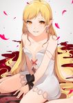  akuan_(7jackpot7) bangs bare_legs barefoot between_legs black_ribbon blonde_hair blood blood_on_ground bound bound_wrists breasts cleavage_cutout commentary_request cosplay dress fangs hand_between_legs heart highres kiss-shot_acerola-orion_heart-under-blade kiss-shot_acerola-orion_heart-under-blade_(cosplay) kizumonogatari long_hair monogatari_(series) oshino_shinobu pointy_ears ribbon shadow sitting sketch small_breasts smile solo spaghetti_strap strap_slip very_long_hair wariza wrist_ribbon yellow_eyes 