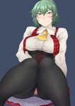  ascot black_legwear blush breasts corset covering covering_crotch green_hair highres kazami_yuuka knees_together_feet_apart large_breasts long_sleeves mole mole_under_mouth nicutoka panties panties_under_pantyhose pantyhose red_eyes skirt skirt_set solo thighband_pantyhose touhou underbust underwear 