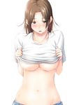  blush breasts brown_hair collarbone highres large_breasts looking_at_viewer navel niwatazumi original simple_background solo stomach underboob white_background 