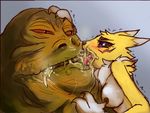 blue_eyes blush breasts canine digimon drooling extreme_french_kiss fox gastropod humiliation jabba_the_hutt kissing lips mammal overweight renamon saliva shaking size_difference slave slime slobber slug smelly star_wars tongue trembling ungulatr 