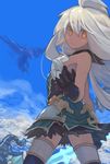  ahoge armor armored_dress bad_id bad_pixiv_id bangs bare_shoulders black_gloves black_legwear blue_dress blue_sky blush cloud dark_skin day dragon dress from_behind frown gloves granblue_fantasy hair_between_eyes holding holding_sword holding_weapon long_hair looking_back orange_eyes short_dress sky solo sword teke_(exploration) thighhighs weapon white_hair zettai_ryouiki zooey_(granblue_fantasy) 