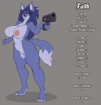  anthro athletic big_breasts blue_fur blue_hair breasts canine cigarette conditional_dnp faith_(wyntersun) female fur green_eyes grey_background gun hair holding_object holding_weapon mammal muscular nipple_piercing nipples piercing ranged_weapon simple_background solo weapon wolf wyntersun 