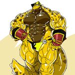  abs biceps clothing fingers gloves huge_muscles kiltio kuroma lizard looking_at_viewer male muscular number pecs quads reptile scalie simple_background sixpack small_head solo speedo spikes swimcap swimsuit teeth thick_tail triceps wide_hips yellow_skin 