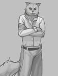  2014 belt cat crossed_arms feline greyscale male mammal monochrome pose sketch solo speed_paint tag_wip theowlette whiskers 