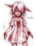  aosora_(mizore) artist_name blood blood_on_face blood_stain bloody_clothes hair_over_one_eye impaled kushizashi-chan looking_at_viewer original pale_skin red_eyes signature smile solo twitter_username white_background white_hair 