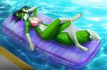  air_float bent_legs big_breasts bikini black_hair black_markings breasts canine clothed clothing crossed_legs day dog female fur green_fur green_highlights hair hand_in_hair hand_in_water highlights husky lying mammal markings multicolored_fur on_back partially_clothed pink_highlights pinup pool_(disambiguation) pose solo swimsuit theowlette two_tone_fur water white_fur 