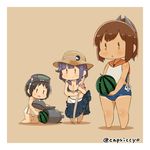 bikini bikini_under_clothes black_hair bokken brown_eyes brown_hair capriccyo chibi diving_mask diving_mask_on_head food fruit hair_flaps hair_ornament hairclip i-401_(kantai_collection) kantai_collection low_twintails maru-yu_(kantai_collection) multiple_girls one-piece_swimsuit open_mouth ponytail purple_hair red_eyes sailor_collar sarong school_swimsuit short_hair short_ponytail swimsuit sword taigei_(kantai_collection) tan tanline torpedo twintails twitter_username watermelon weapon white_school_swimsuit white_swimsuit wooden_sword 