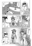  1boy 2girls :d admiral_(kantai_collection) ahoge comic detached_sleeves double_bun greyscale hair_ornament hairband hairclip haruna_(kantai_collection) hat kantai_collection kiryuu_makoto kongou_(kantai_collection) long_hair military military_uniform monochrome multiple_girls naval_uniform nontraditional_miko open_mouth peaked_cap pleated_skirt skirt smile thighhighs translated uniform v-shaped_eyebrows zettai_ryouiki 