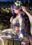  2016 artist_name bangs bench breasts crescent dated facial_mark floral_print flower forehead_tattoo hair_flower hair_ornament hair_tucking half_updo hand_on_own_chest highres japanese_clothes kimono large_breasts lily_(flower) looking_at_viewer lotus obi original outstretched_arm parted_bangs parted_lips pov purple_hair red_eyes ryuki@maguro-ex sash signature sitting solo_focus water yukata 