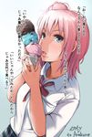  arakure blue_eyes check_translation food food_on_face hair_bun ice_cream ice_cream_on_face looking_at_viewer pink_hair short_hair signature simple_background solo too_many too_many_scoops translated translation_request yahari_ore_no_seishun_lovecome_wa_machigatteiru. yuigahama_yui 