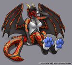  anthro belly_scales big_feet black_hair blue_pawpads clothed clothing curved_horn dragon ear_fins female fin fish green_eyes grey_body grey_scales hair hand_in_hair head_tails horn horn_ring hybrid looking_at_viewer marine markings membranous_wings orange_markings partially_clothed pawpads pinup pose red_markings scales shark shark_tail sitting solo theowlette western_dragon white_dress wings yellow_horn 