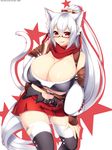  :p absurdres animal_ears breasts cat_ears cat_tail cleavage detached_sleeves final_fantasy final_fantasy_xiv glasses high_ponytail highres huge_breasts long_hair miniskirt navel phantasy_star phantasy_star_online_2 red_eyes red_skirt scarf silver_hair skirt solo tail thighhighs tongue tongue_out very_long_hair white_background wide_hips yutazou 